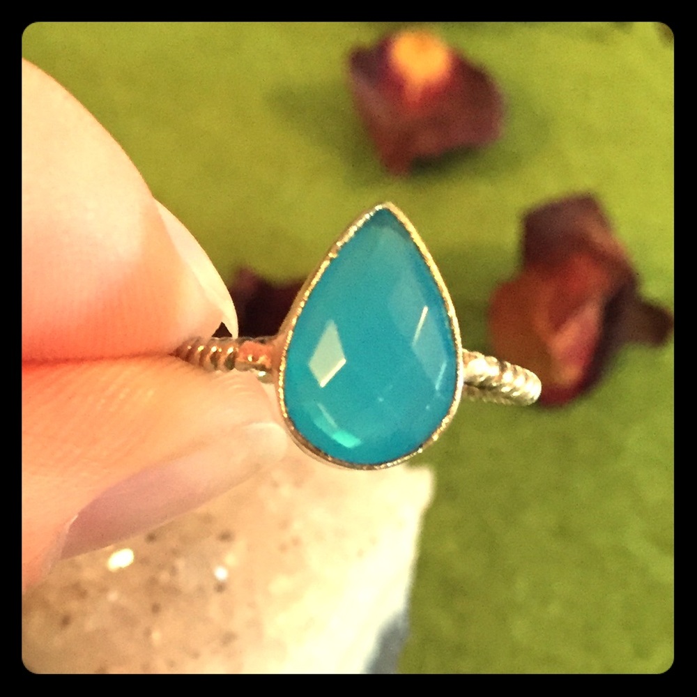 Teardrop aqua chalcedony sterling silver ring sz 7